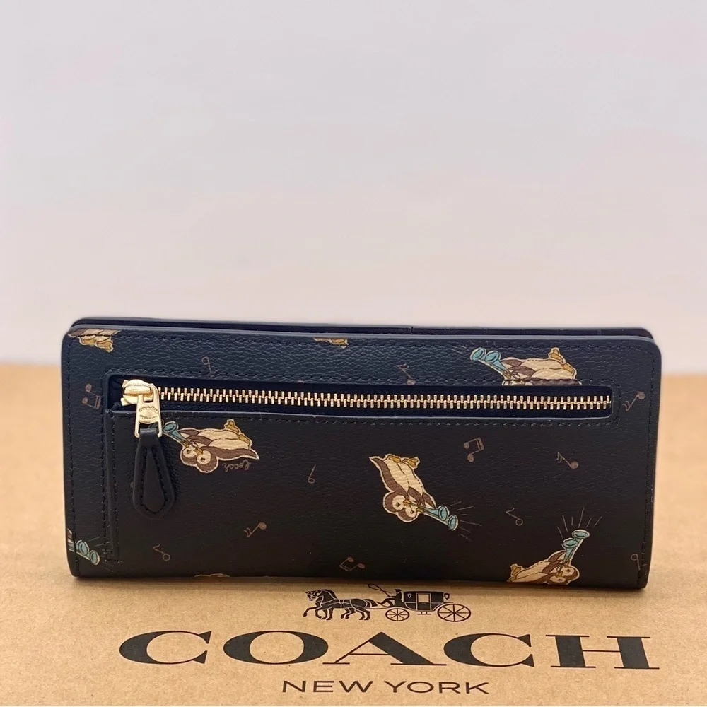 Coach Slim Zip Wallet With Penguin Print Gold/Black Multi